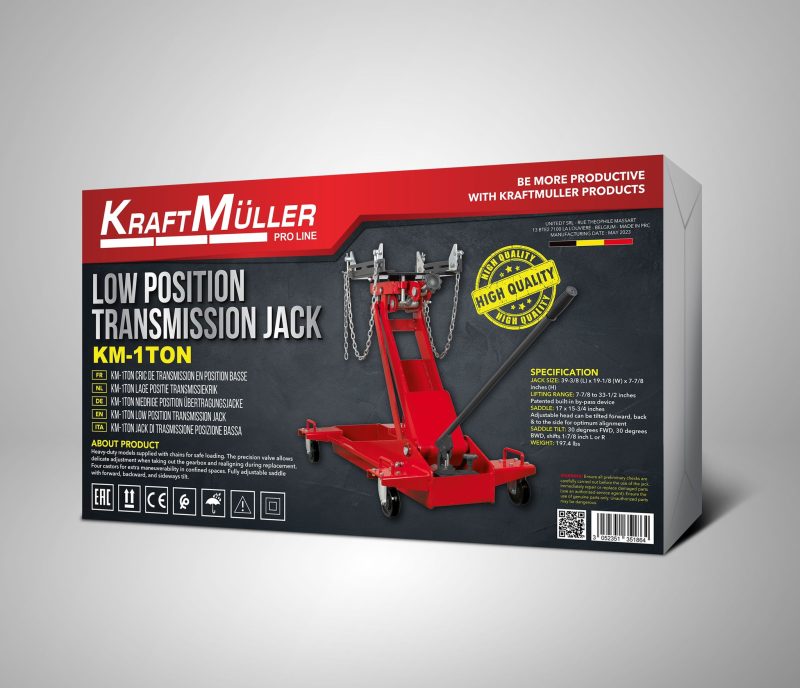 KraftMuller Low Position Transmission Jack - 1 Ton capacity, chains for safe loading, and adjustable saddle.