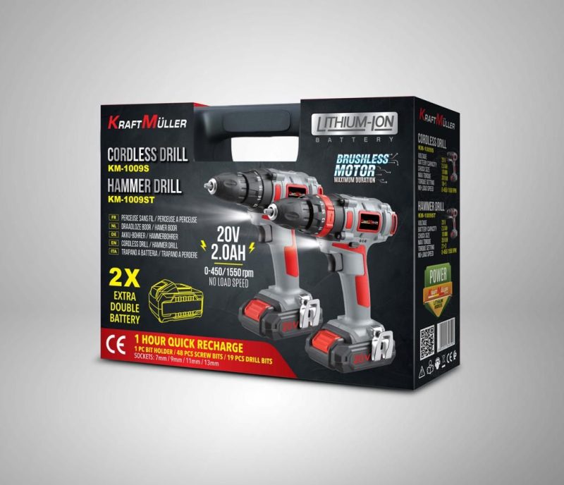 KraftMuller Cordless Drill and Hammer Drill set - Powerful and versatile with two extra double batteries and a selection of bits and sockets.