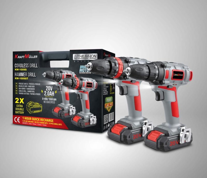 KraftMuller Cordless Drill and Hammer Drill set - Powerful and versatile with two extra double batteries and a selection of bits and sockets.