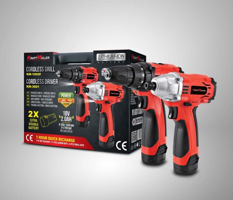KraftMuller Cordless Drill and Cordless Driver set - Powerful and versatile with two extra double batteries.